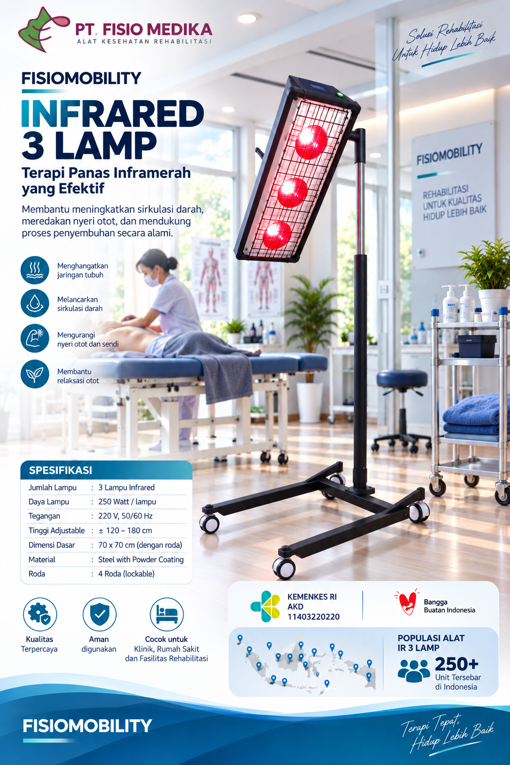 NFRARED THERAPY LAMP Alat terapi inframerah yang digunakan untuk memberikan pemanasan lokal pada jaringan tubuh sebagai bagian dari terapi fisik dan rehabilitasi. Panas inframerah dapat membantu memberikan rasa nyaman pada otot dan sendi, membantu relaksasi otot, mengurangi kekakuan, serta mendukung peningkatan sirkulasi lokal pada area yang diterapi.